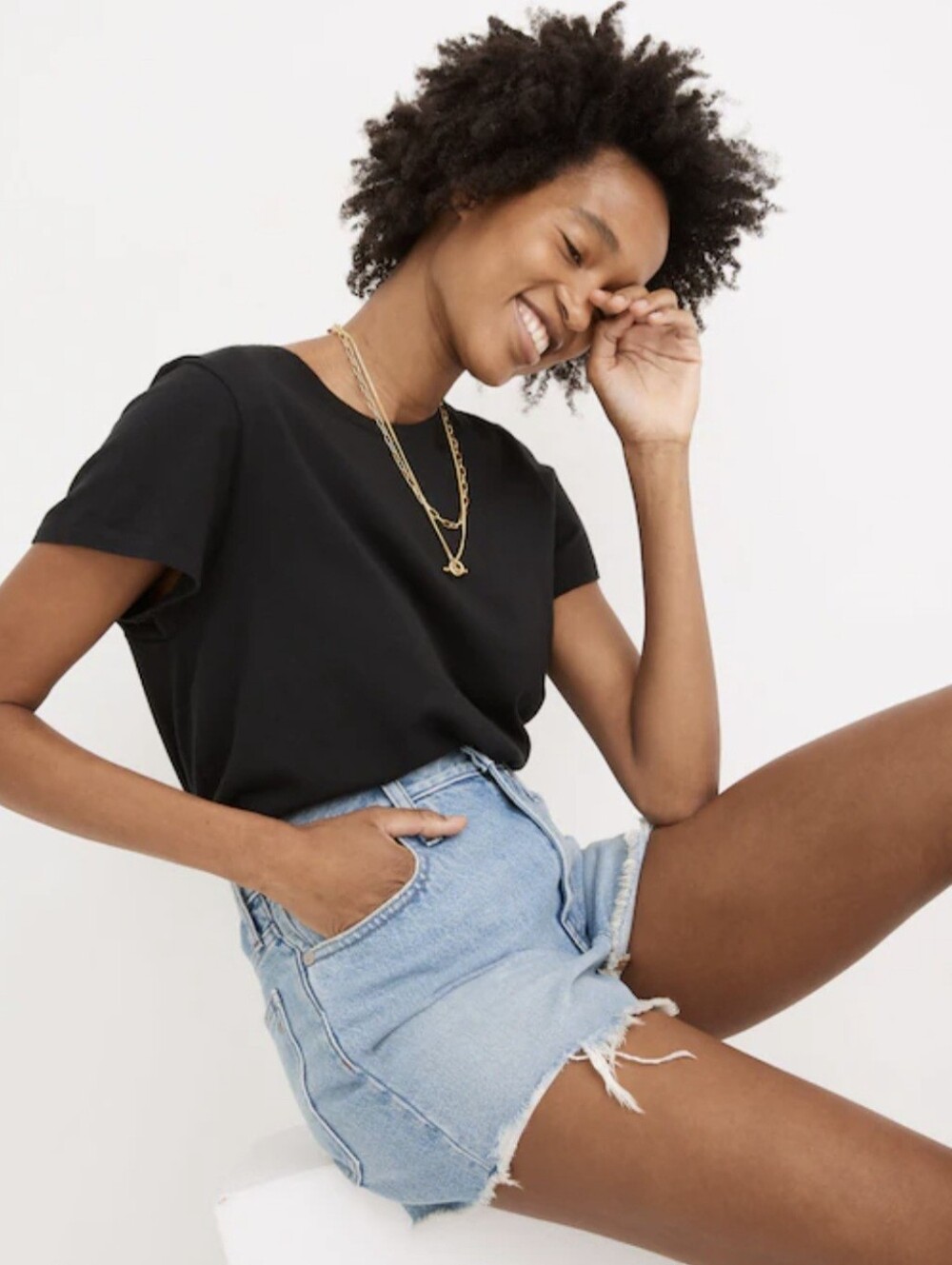 Madewell - The Perfect Jean Short - light blue denim jeans with gold stitching